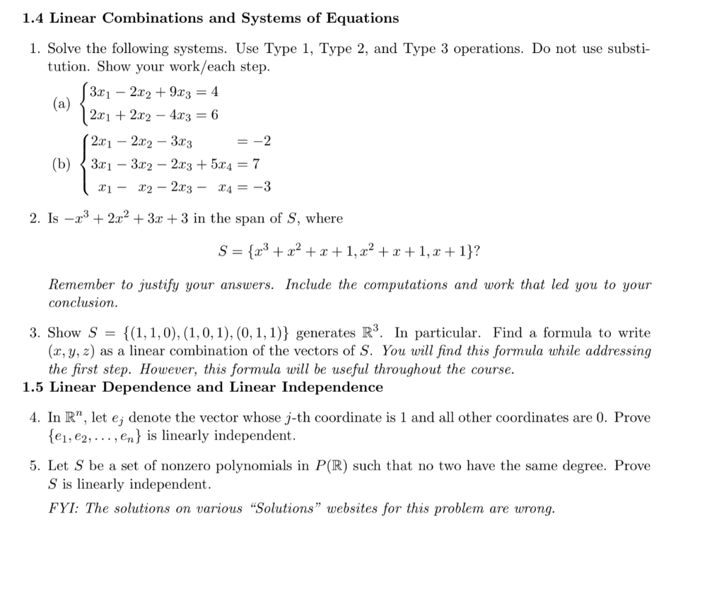 Solved 1.4 Linear Combinations and Systems of Equations 1. | Chegg.com