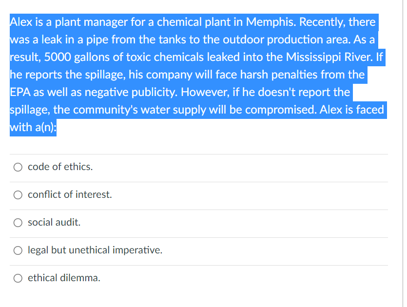 Solved Alex is a plant manager for a chemical plant in | Chegg.com
