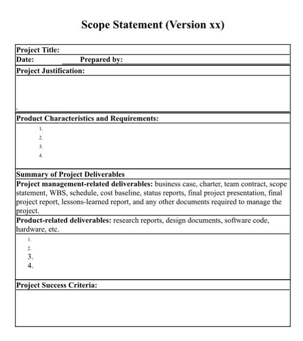 Solved Scope Statement (Version xx) Project Title: Date: | Chegg.com