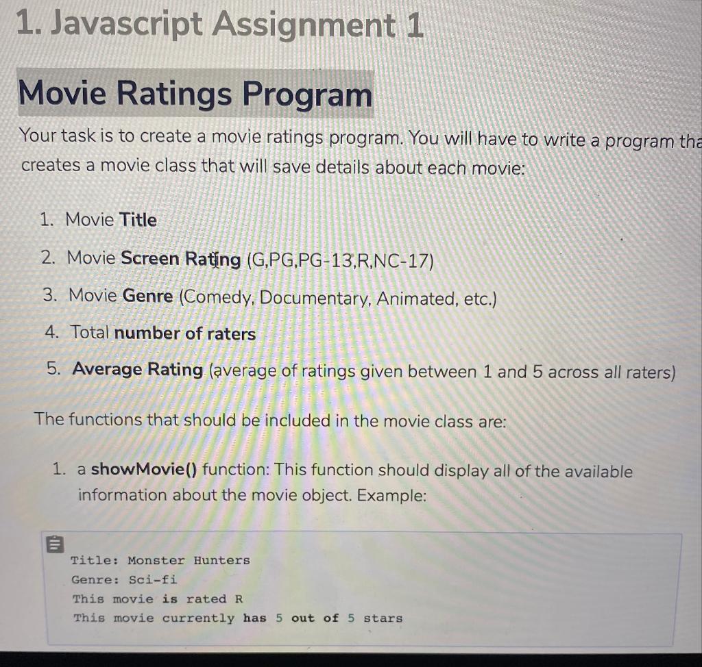 1 Javascript Assignment 1 Movie Ratings Program Your Chegg Com