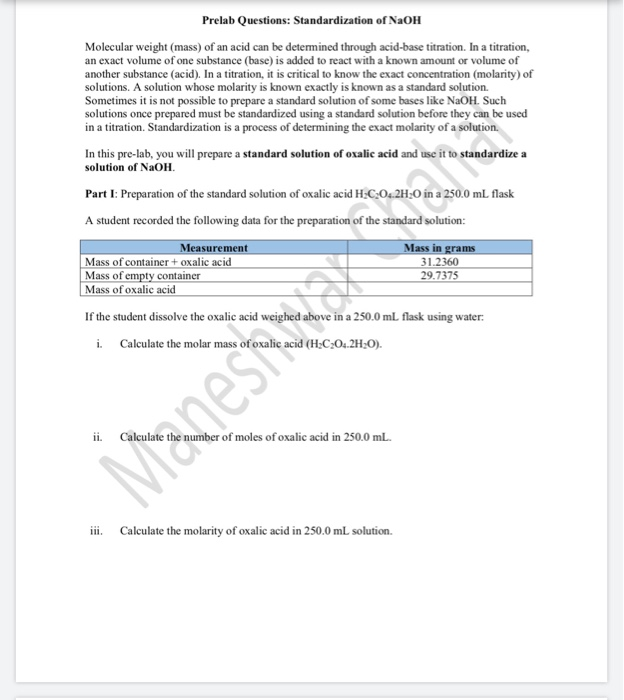 Solved Prelab Questions Standardization Of NaOH Molecular Chegg Solved prelab questions standardization of naoh molecular chegg