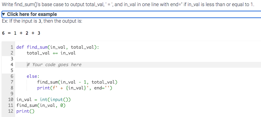 Solved Write find_sum0's base case to output total_val, | Chegg.com