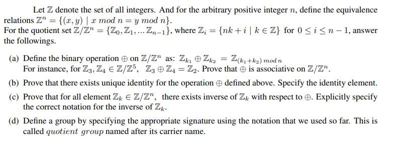Solved Let Z denote the set of all integers. And for the | Chegg.com