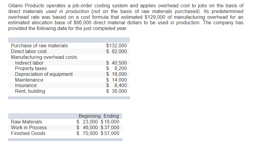 Gitano products operates a job-order costing system and applies overhead cost to jobs on the basis of direct materials used i