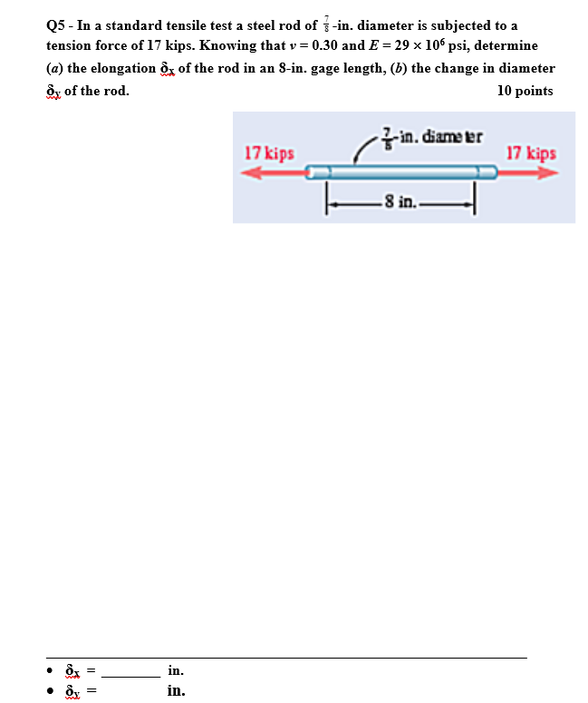 Solved Q5 - In a standard tensile test a steel rod of 87-in. | Chegg.com