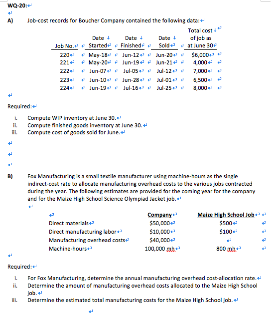 Solved WQ-20:* A)Job-cost records for Boucher Company | Chegg.com