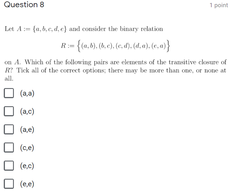 Solved Question 8 1 Point Let A := {a,b, C, D, E} And | Chegg.com