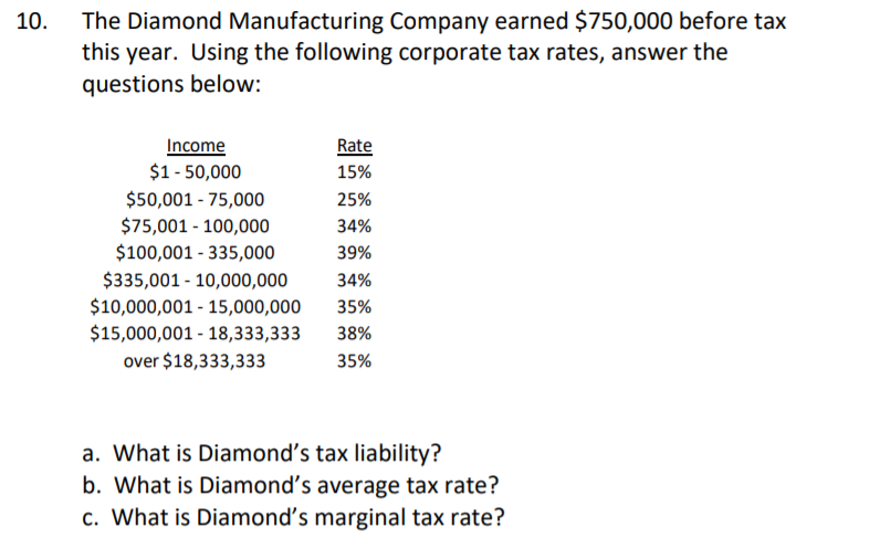 Solved 10. The Diamond Manufacturing Company earned 750,000