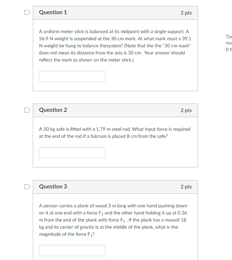 Solved Question 1 2 pts A uniform meter stick is balanced at | Chegg.com