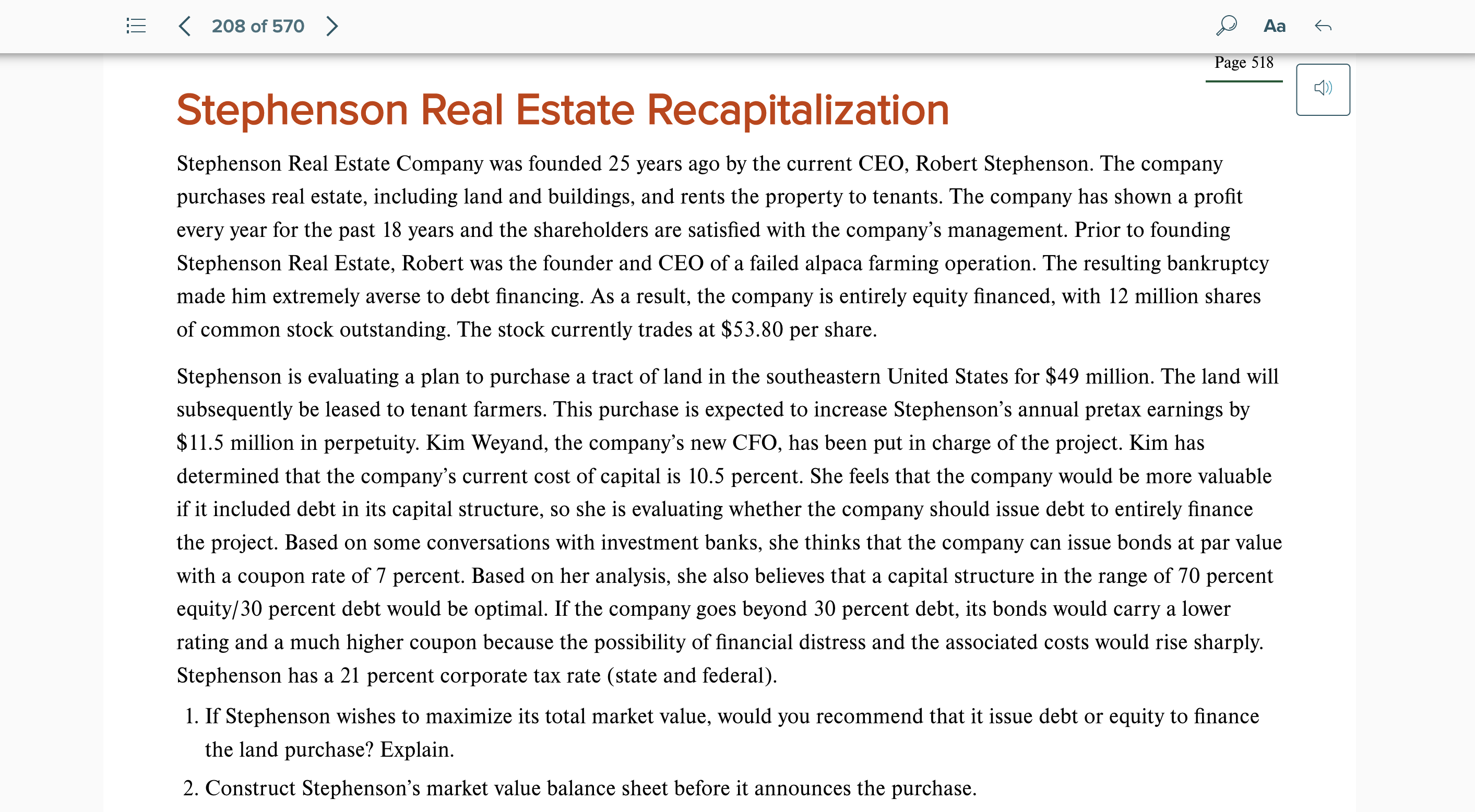 Solved Stephenson Real Estate Recapitalization Stephenson