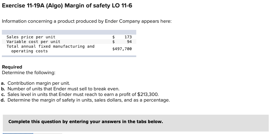 Solved Exercise 11-19A (Algo) Margin of safety LO 11-6 | Chegg.com