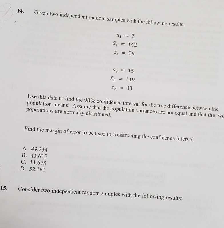 Solved Given two independent random samples with the | Chegg.com