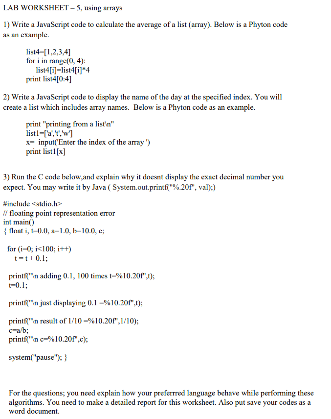 Solved LAB WORKSHEET - 5, using arrays 1) Write a JavaScript | Chegg.com