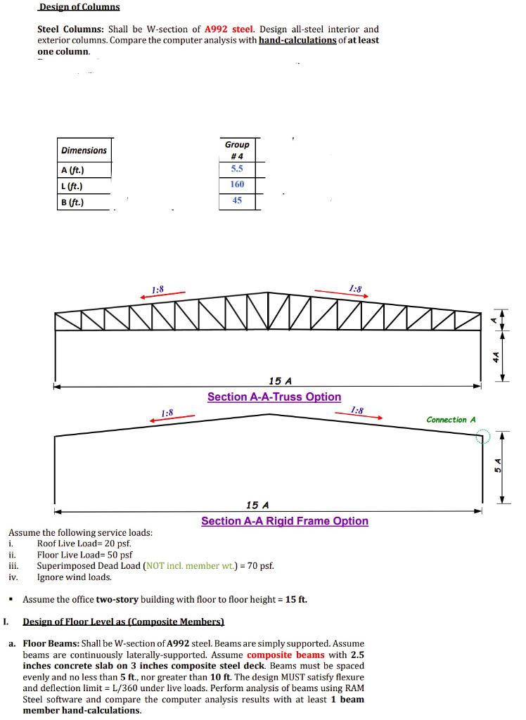 Design of Columns
Steel Columns: Shall be W-section of A992 steel. Design all-steel interior and exterior columns. Compare th