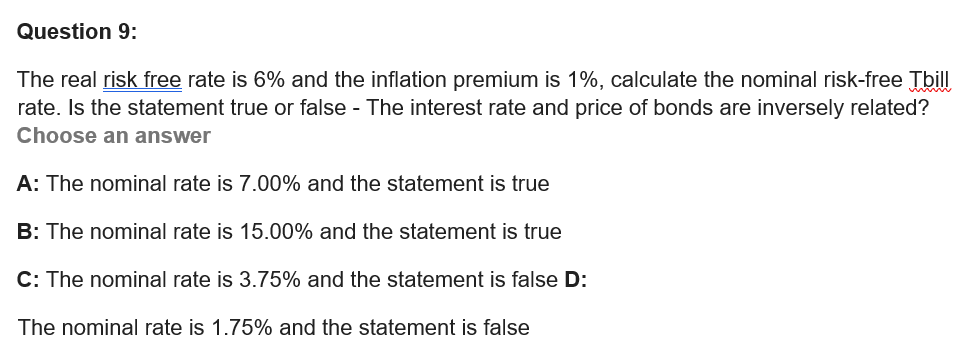 Solved Question 9 The real risk free rate is 6% and the | Chegg.com