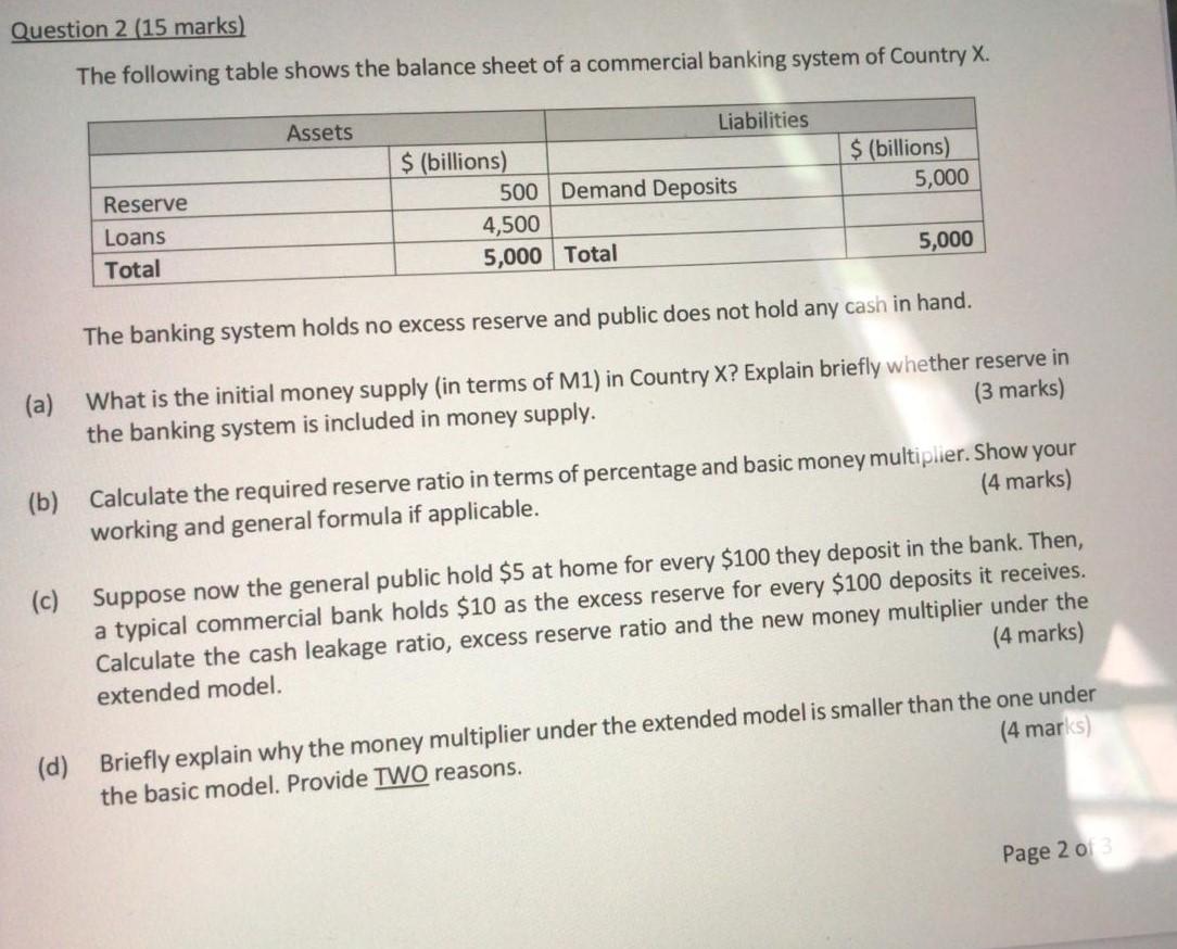 Question 2 (15 marks) The following table shows the | Chegg.com