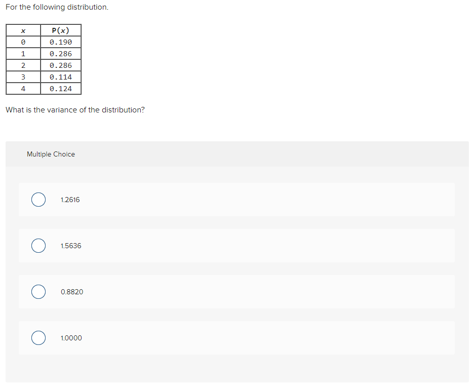 Solved For the following distribution. х 1 P(x) 0.190 0.286 | Chegg.com
