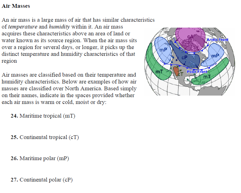 Solved Air Masses An air mass is a large mass of air that