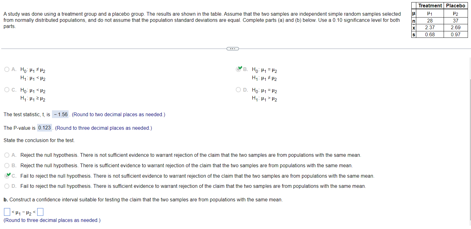 Solved A study was done using a treatment group and a | Chegg.com