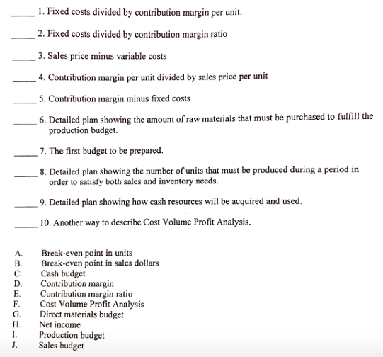 Solved 1. Fixed costs divided by contribution margin per