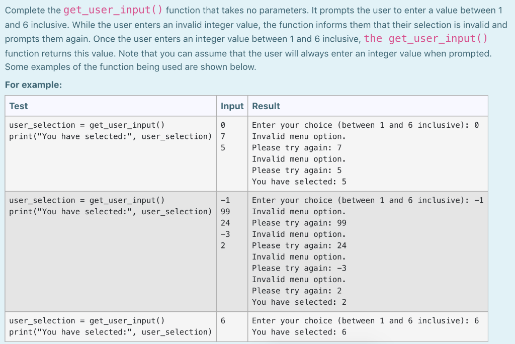 Solved Complete the get_user_input() function that takes no | Chegg.com