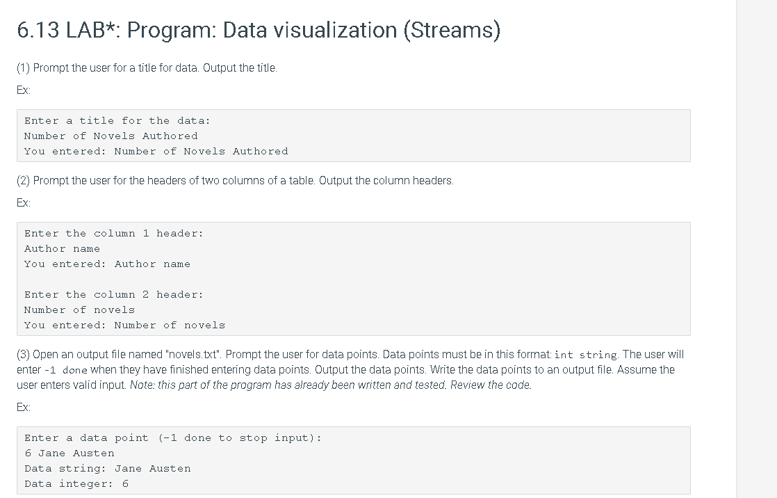Solved 6.13 LAB*: Program: Data visualization (Streams) (1) | Chegg.com