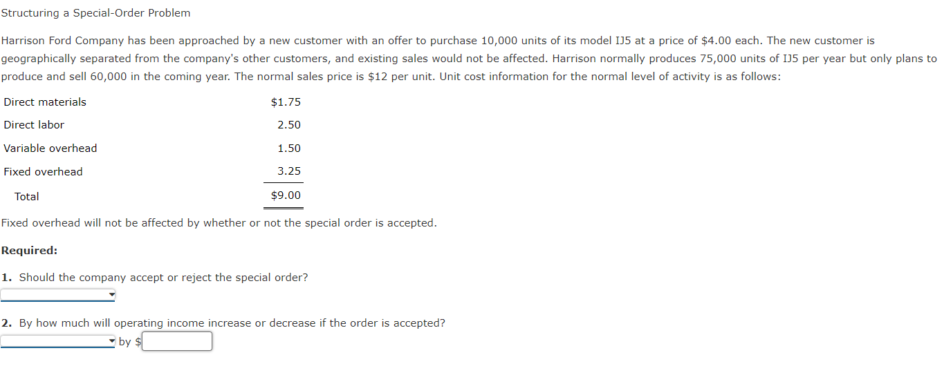 Solved Structuring a Special-Order Problem Harrison Ford | Chegg.com