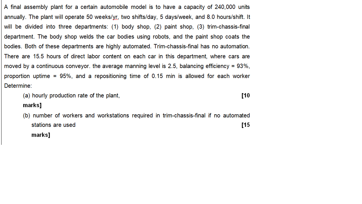 Solved A final assembly plant for a certain automobile model