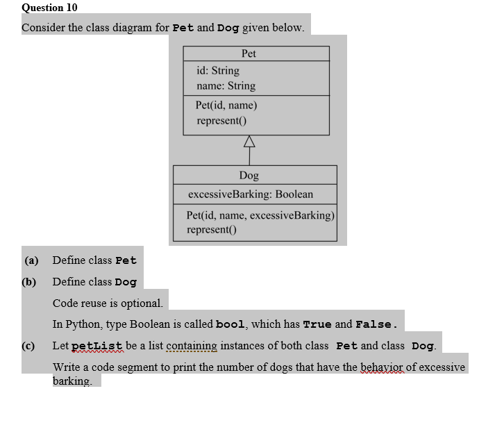 Solved Question 10 Consider the class diagram for Pet and | Chegg.com