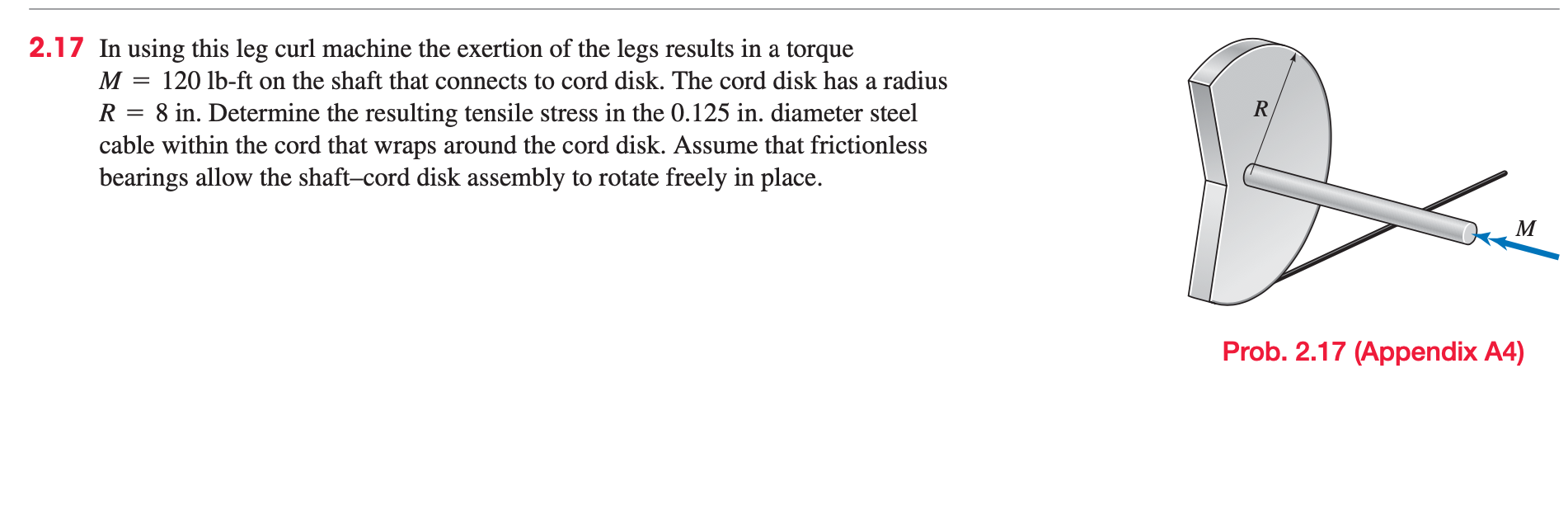 2.17 In using this leg curl machine the exertion of the legs results in a torque \( M=120 \mathrm{lb}-\mathrm{ft} \) on the s