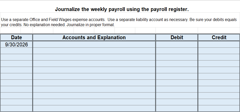 Solved Payroll Register for Week Ending, September 30th, | Chegg.com