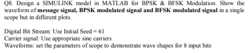 Solved Q8. Design a SIMULINK model in MATLAB for BPSK & BFSK | Chegg.com