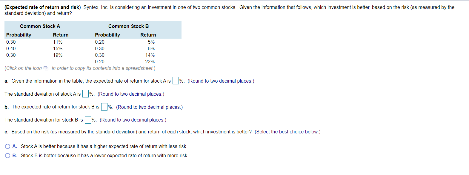 Solved (Expected Rate Of Return And Risk) Syntex, Inc. Is | Chegg.com