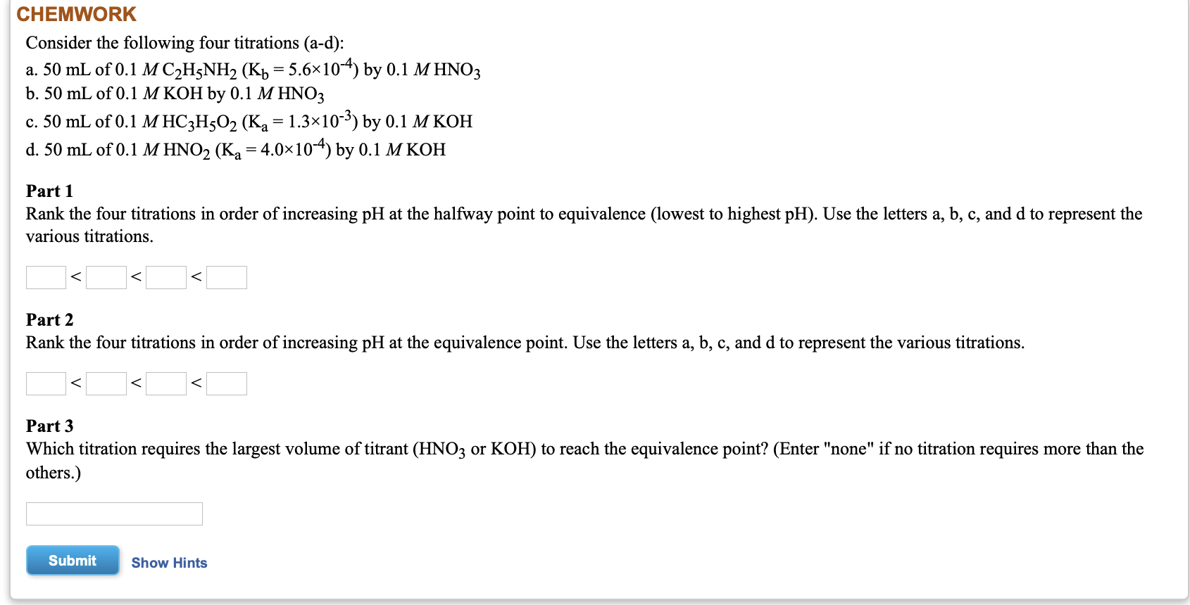 Solved CHEMWORK Consider The Following Four Titrations | Chegg.com