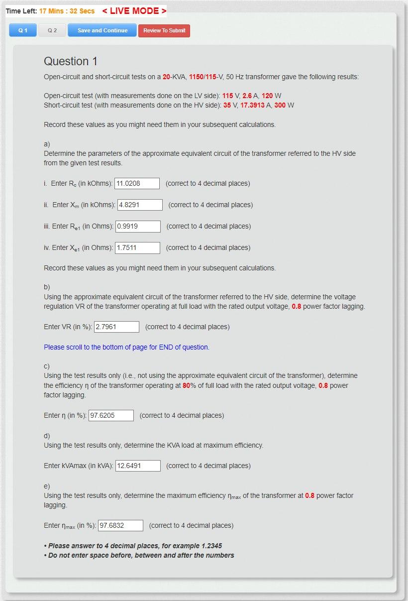 Solved Question 1 Open-circuit and short-circuit tests on a 