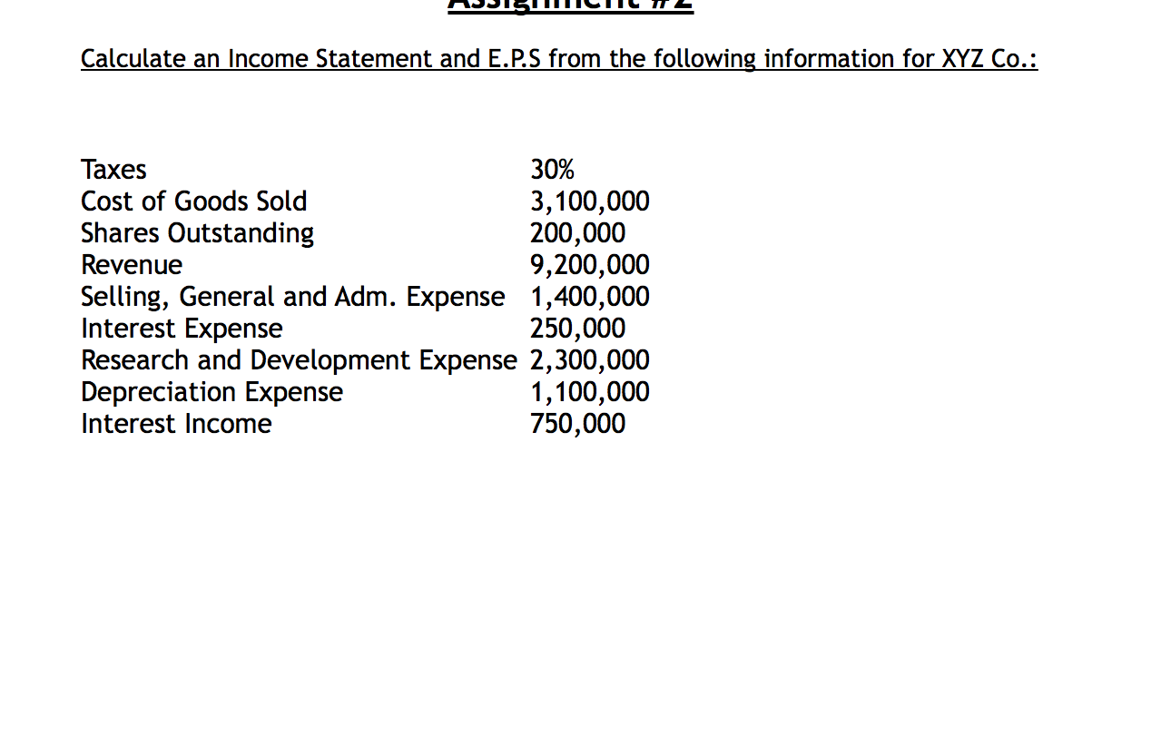Solved Calculate an Income Statement and E.P.S from the | Chegg.com