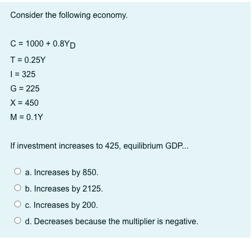 Solved Consider The Following Economy C 1000 0 8yd T Chegg Com