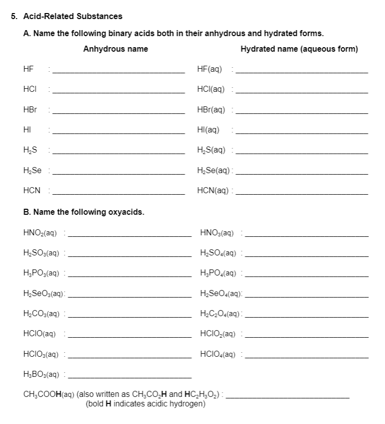 Solved 5. Acid-Related Substances A. Name the following | Chegg.com