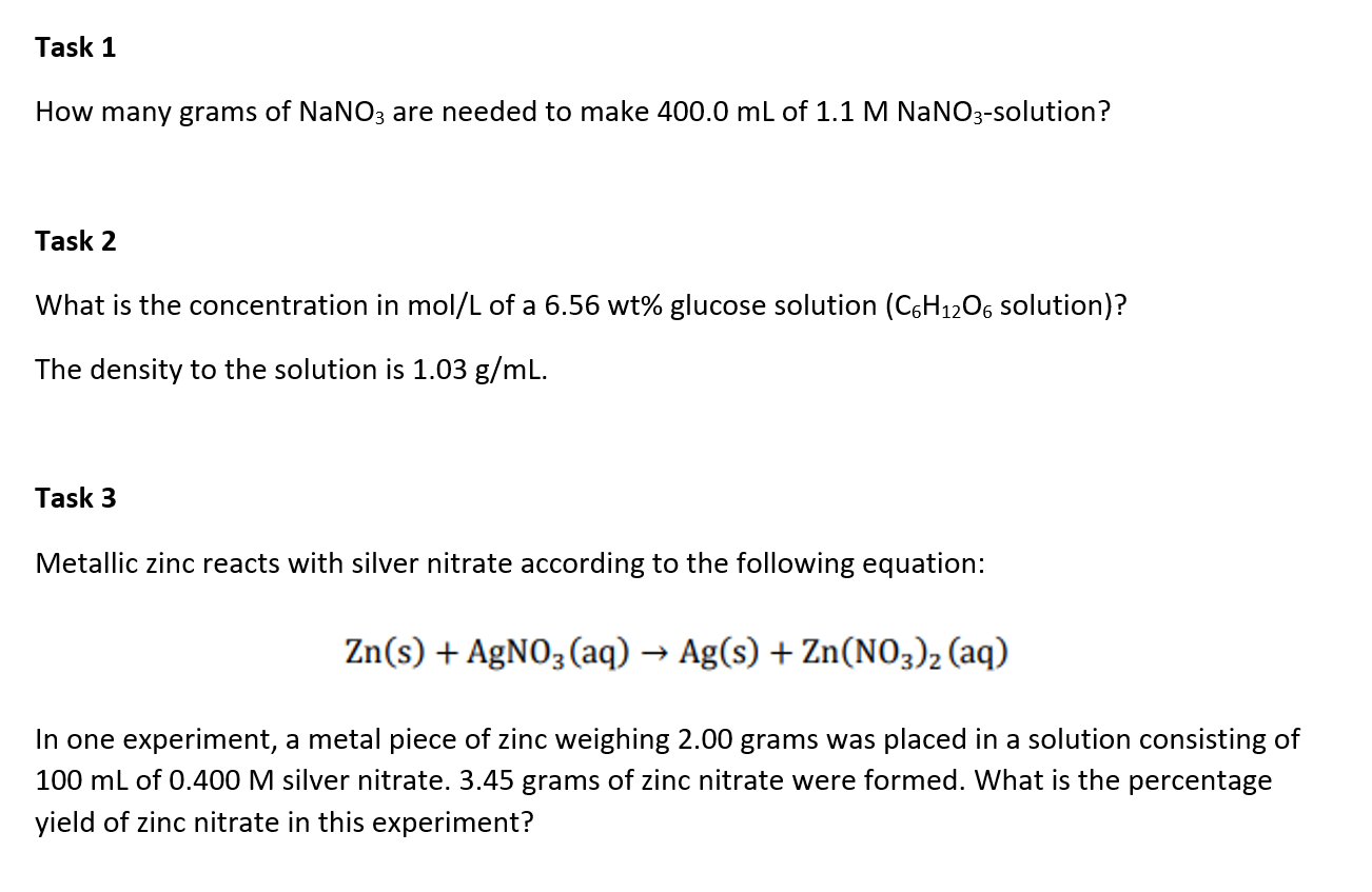 Solved Task 1 How many grams of NaNO3 are needed to make | Chegg.com