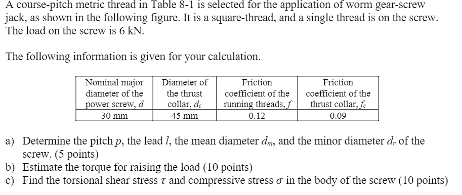 Solved A course-pitch metric thread in Table 8-1 is selected | Chegg.com