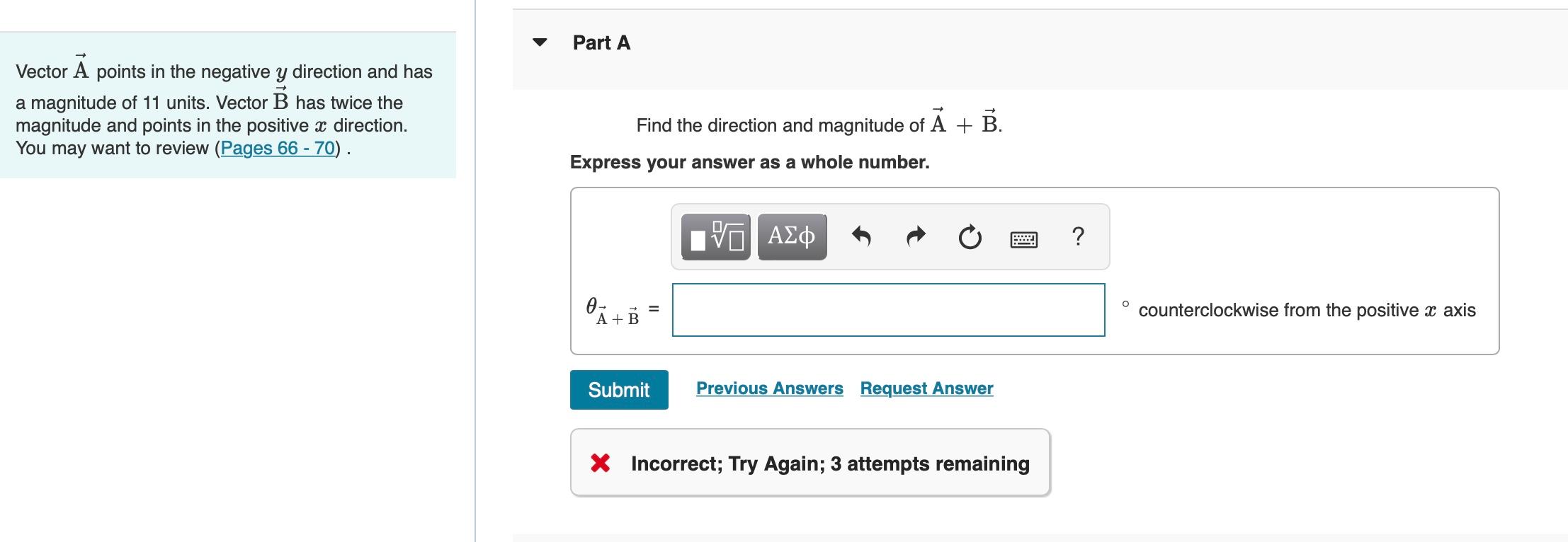 Solved Vector A points in the negative y direction and has a | Chegg.com