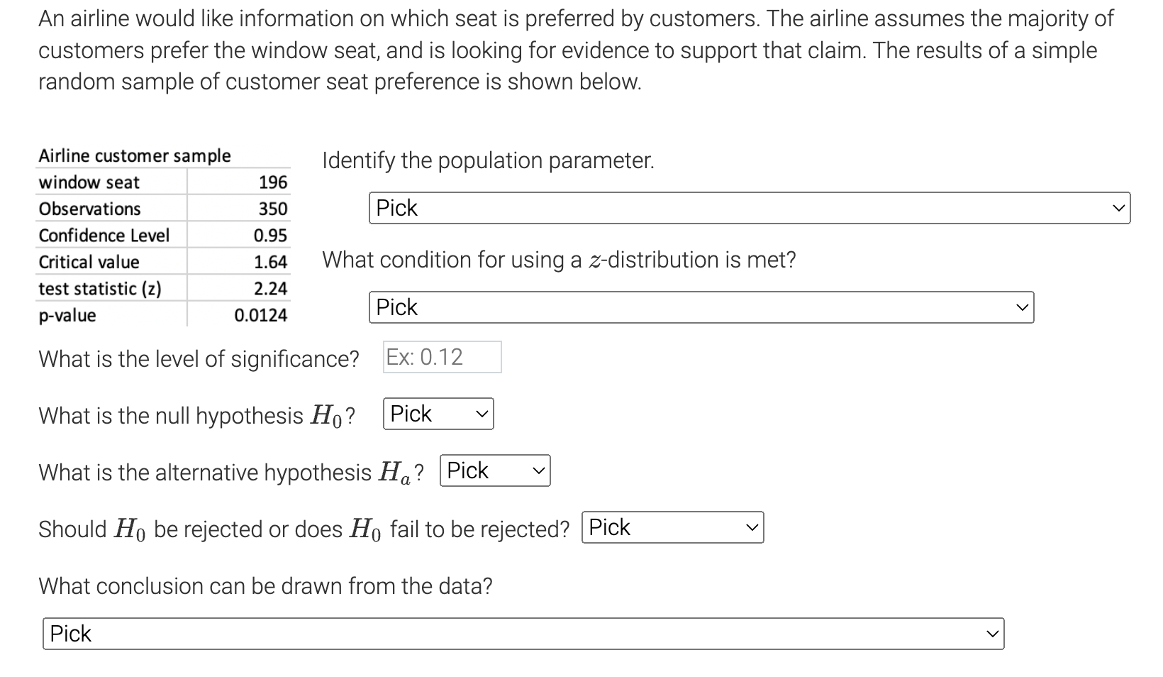Solved An airline would like information on which seat is | Chegg.com