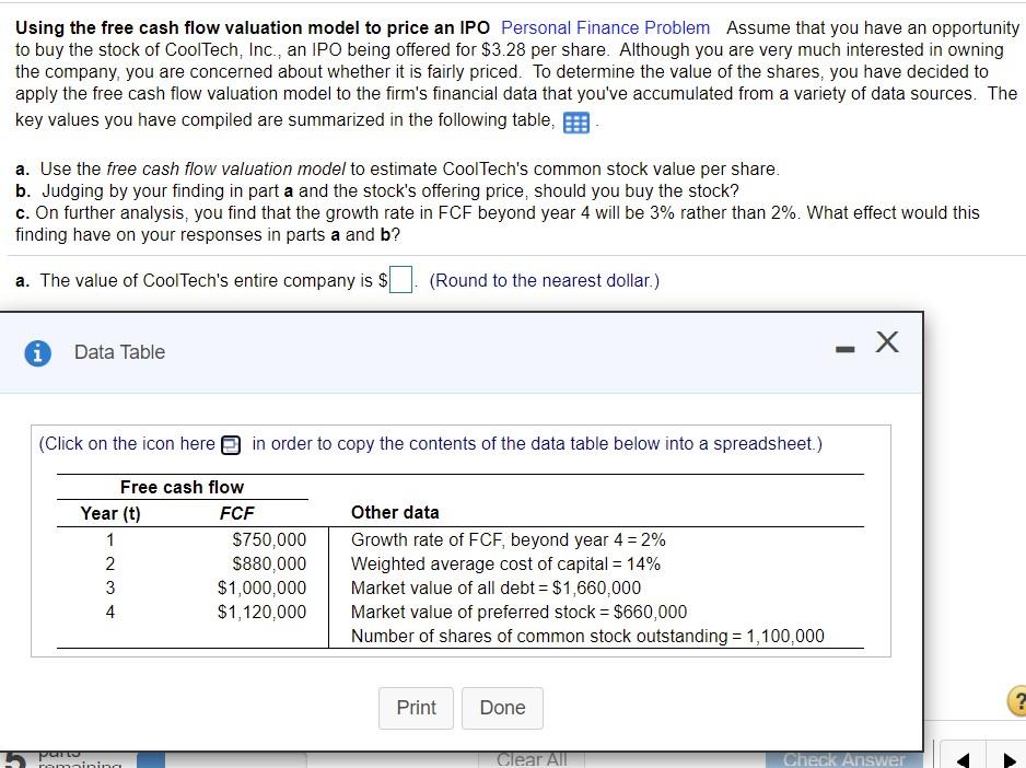 Solved Using The Free Cash Flow Valuation Model To Price An | Chegg.com