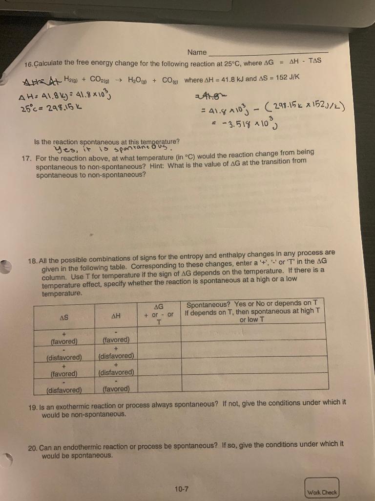 Solved Name 16. Calculate the free energy change for the | Chegg.com