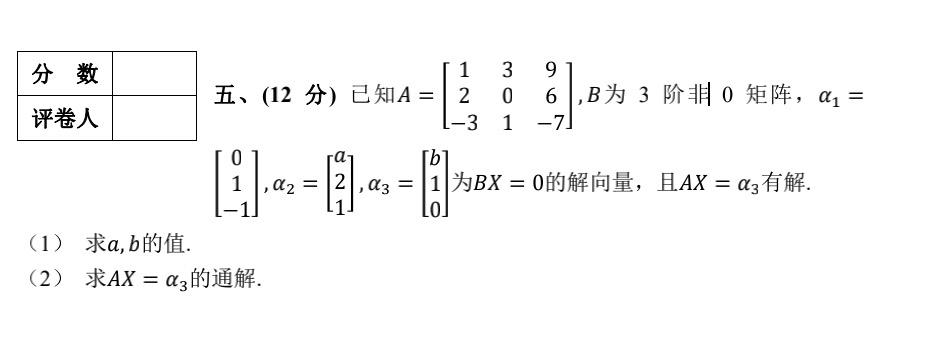 分数1 五 12 分 已知a 2 3 9 0 6 1 7 B为3阶矩阵 Dj 评卷人 3 Chegg Com