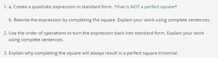 Solved 1. a. Create a quadratic expression in standard form. | Chegg.com