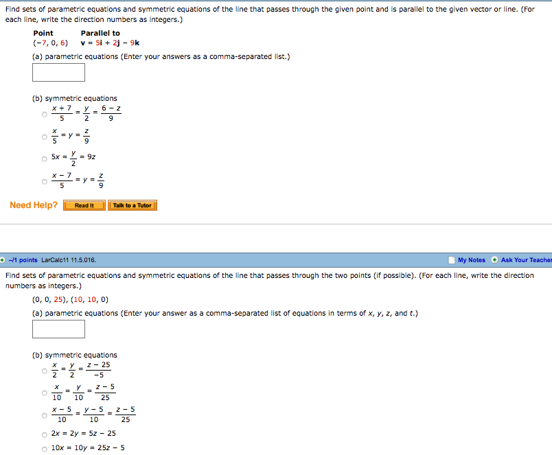 Solved Find Sets Of Parametric Equations And Symmetric 3223