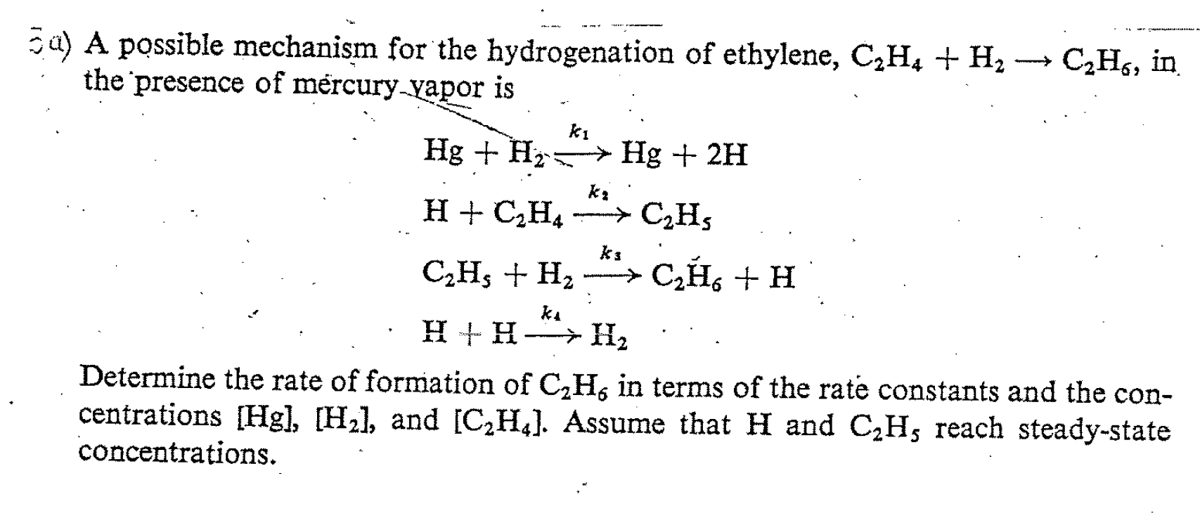 ?a) A possible mechanism for the hydrogenation of ethylene, \( \mathrm{C}_{2} \mathrm{H}_{4}+\mathrm{H}_{2} \rightarrow \math