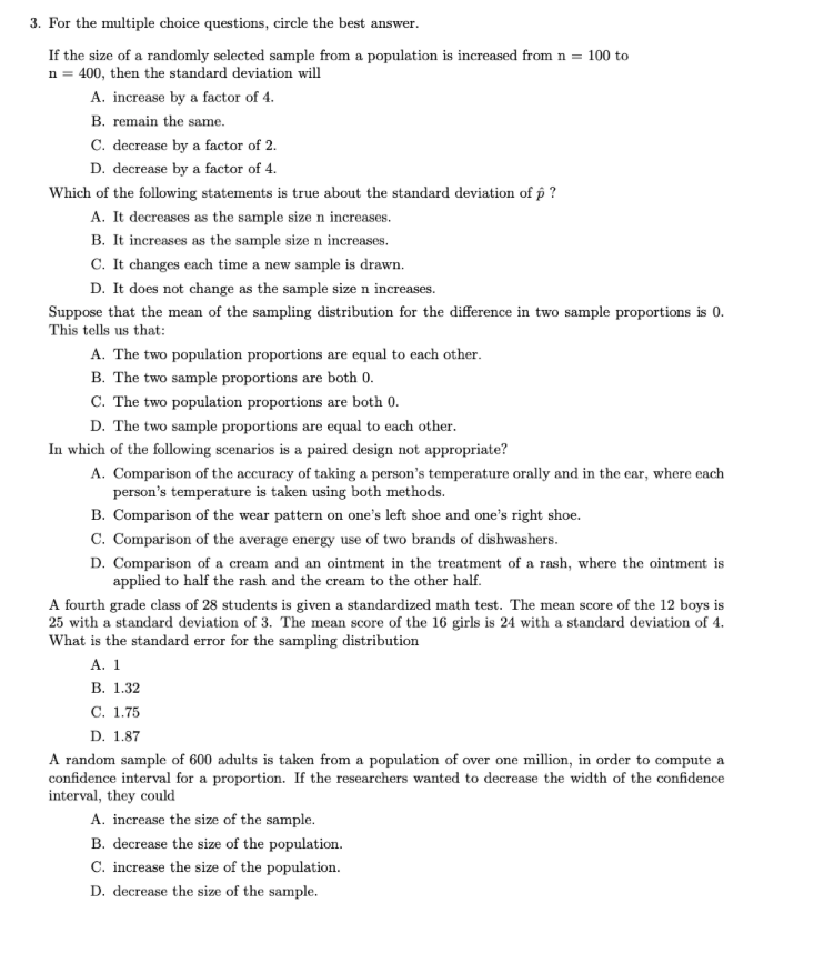 Solved 3. For the multiple choice questions, circle the best | Chegg.com