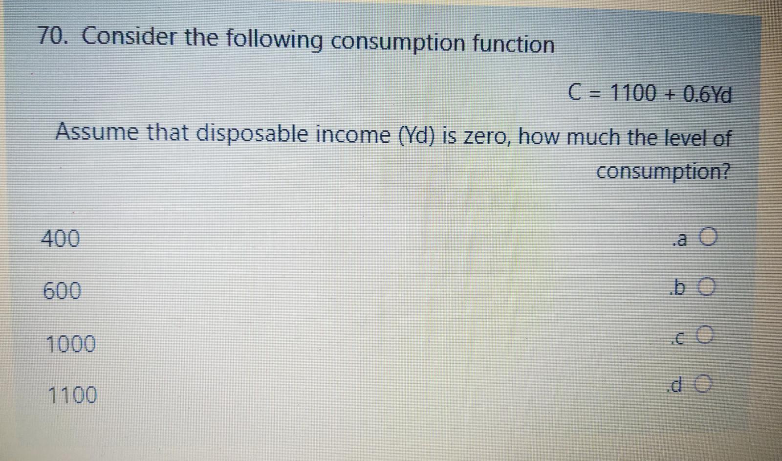 Solved 70. Consider the following consumption function C = | Chegg.com
